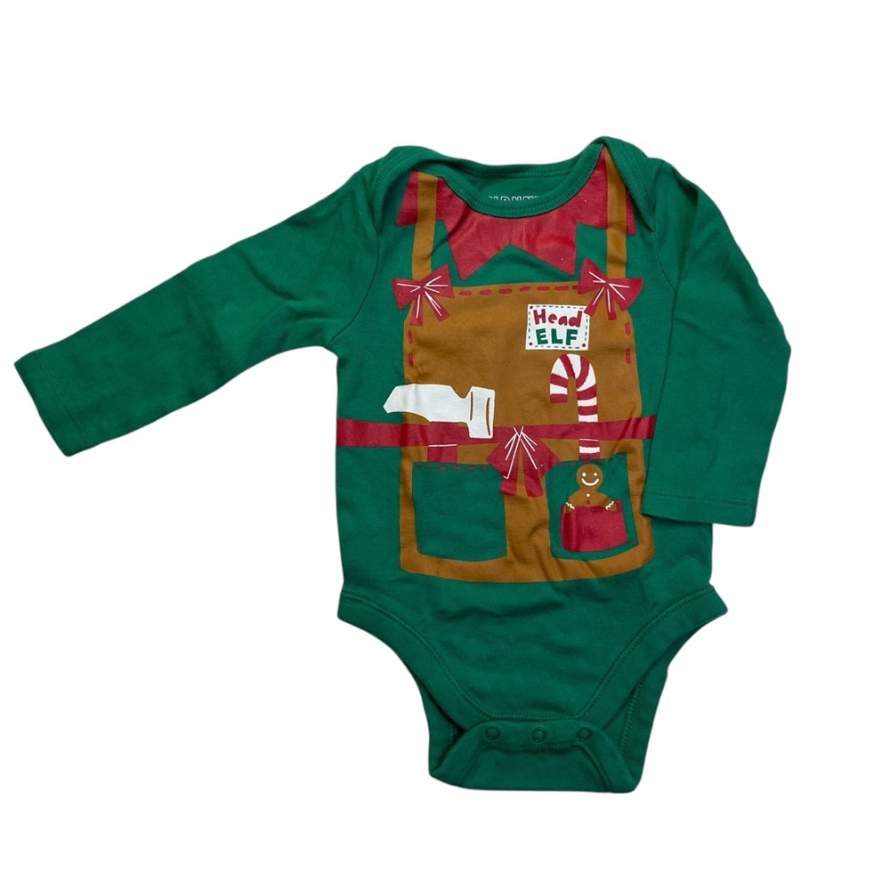 Old Navy 3-6M Christmas Head Elf Long Sleeve Green Onesie